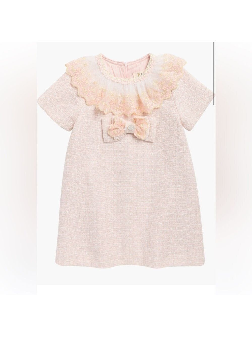 Pink tweed  Dress with Bow and Ruffled Collar